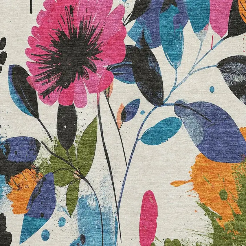 8' Ivory Blue Pink And Orange Floral Washable Area Rug With UV Protection Photo 2