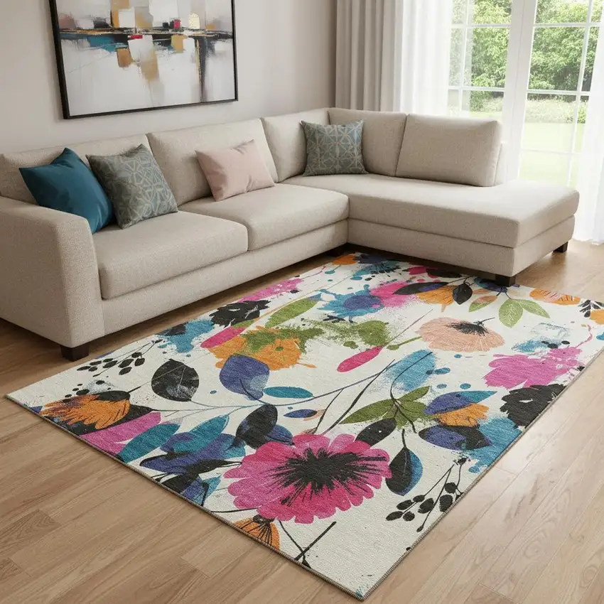 8' Ivory Blue Pink And Orange Floral Washable Area Rug With UV Protection Photo 2