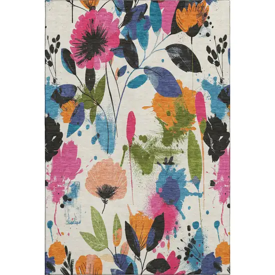 8' Ivory Blue Pink And Orange Floral Washable Area Rug With UV Protection Photo 1
