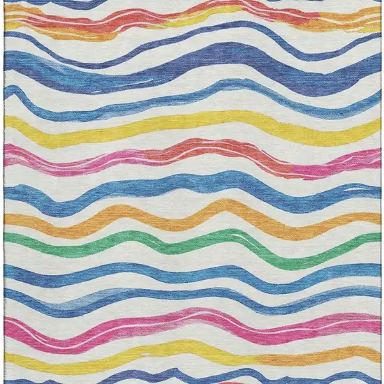 8' Ivory Blue Yellow And Pink Striped Washable Area Rug With UV Protection Photo 2