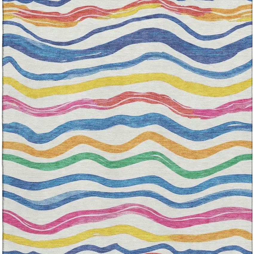 8' Ivory Blue Yellow And Pink Striped Washable Area Rug With UV Protection Photo 2