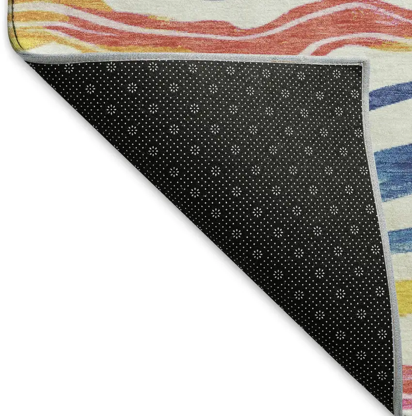 8' Ivory Blue Yellow And Pink Striped Washable Area Rug With UV Protection Photo 6