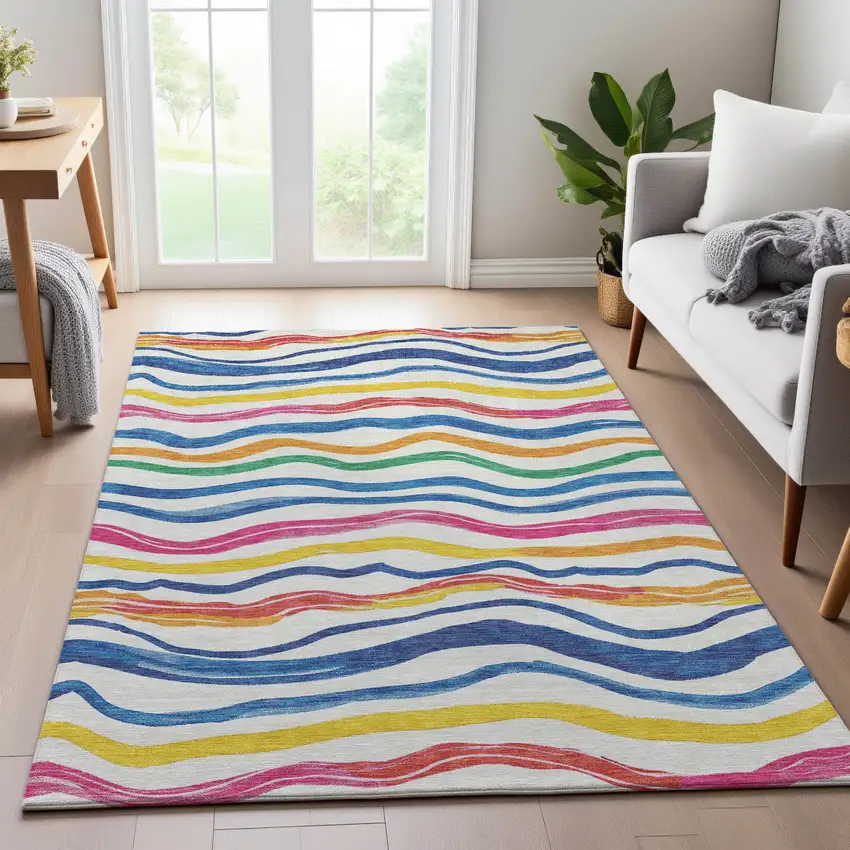 8' Ivory Blue Yellow And Pink Striped Washable Area Rug With UV Protection Photo 5