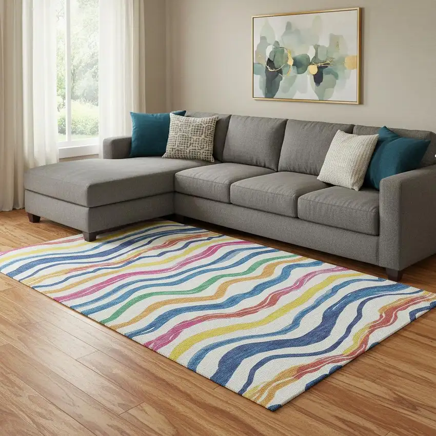 8' Ivory Blue Yellow And Pink Striped Washable Area Rug With UV Protection Photo 2