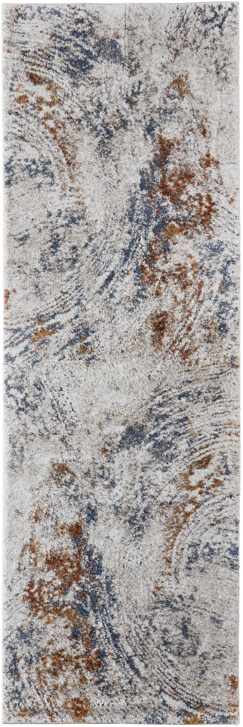 8' Ivory Blue and Brown Abstract Power Loom Runner Rug Photo 2