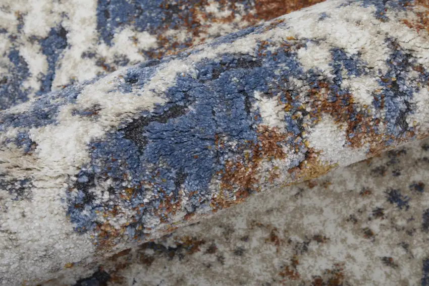 8' Ivory Blue and Brown Abstract Power Loom Runner Rug Photo 4