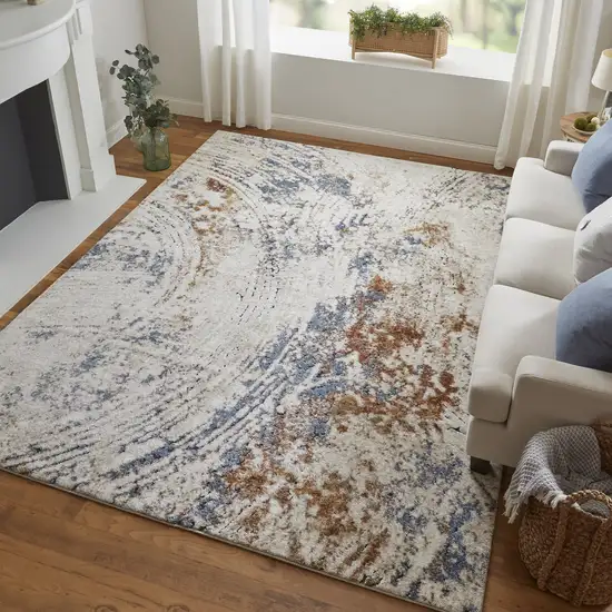 8' Ivory Blue and Brown Abstract Power Loom Runner Rug Photo 9