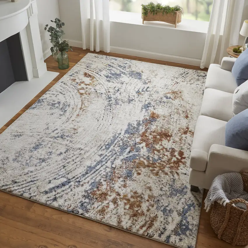 8' Ivory Blue and Brown Abstract Power Loom Runner Rug Photo 9