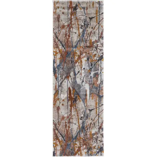 8' Ivory Blue and Brown Abstract Power Loom Runner Rug Photo 2