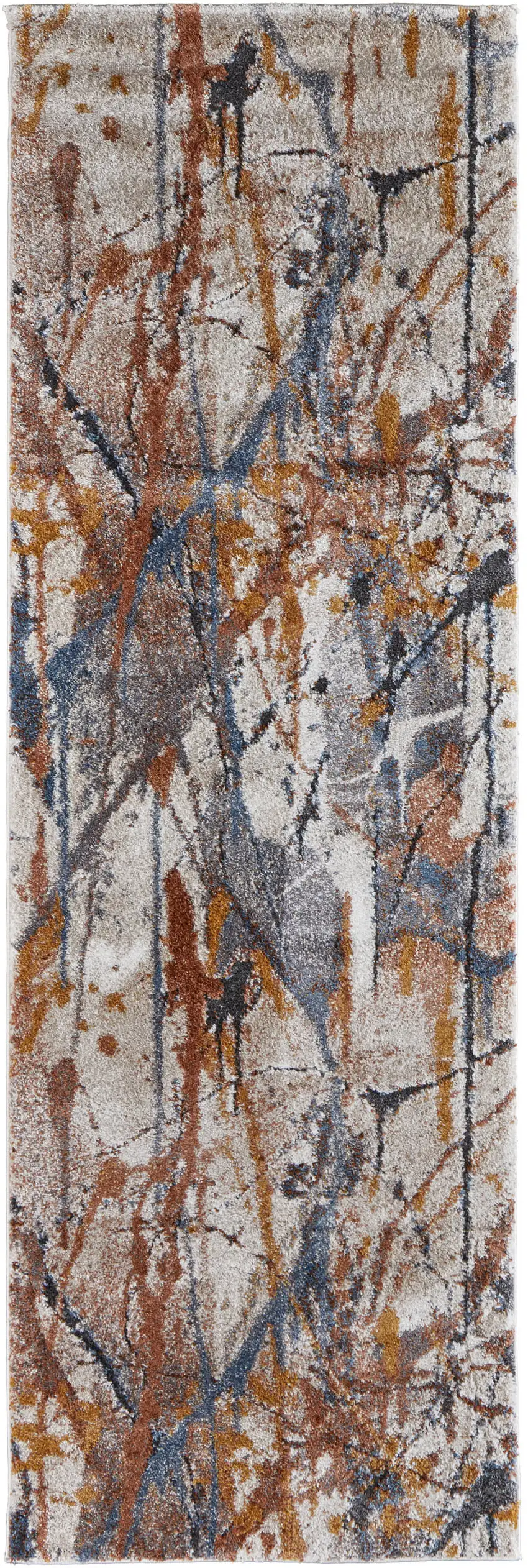 8' Ivory Blue and Brown Abstract Power Loom Runner Rug Photo 2