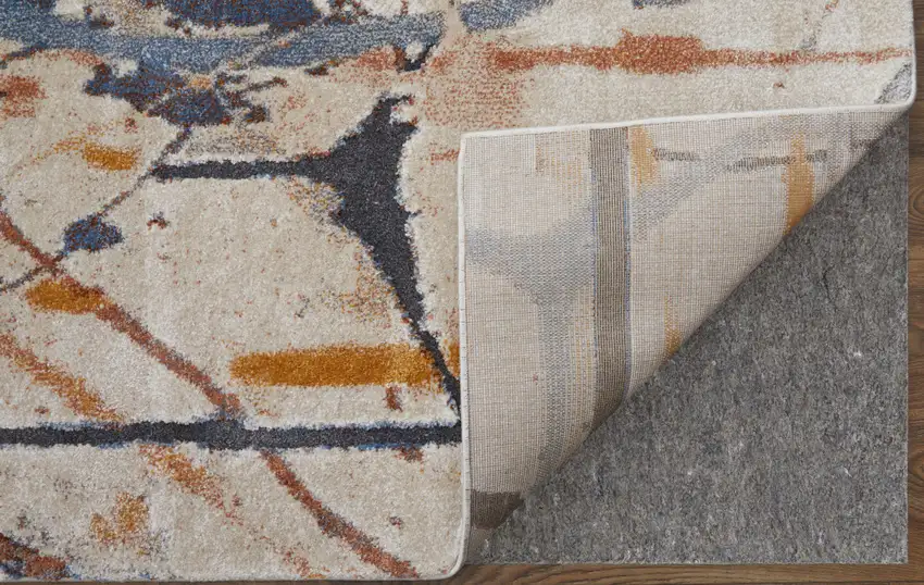 8' Ivory Blue and Brown Abstract Power Loom Runner Rug Photo 8