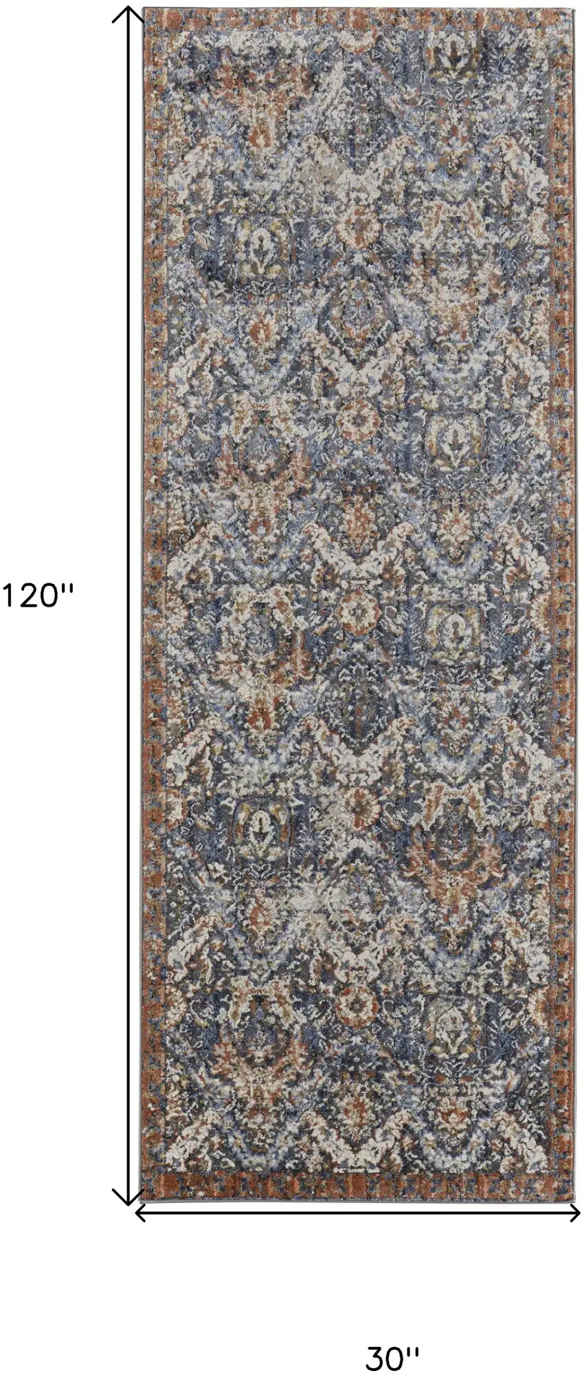 10' Ivory Blue and Brown Floral Power Loom Runner Rug With Fringe Photo 3