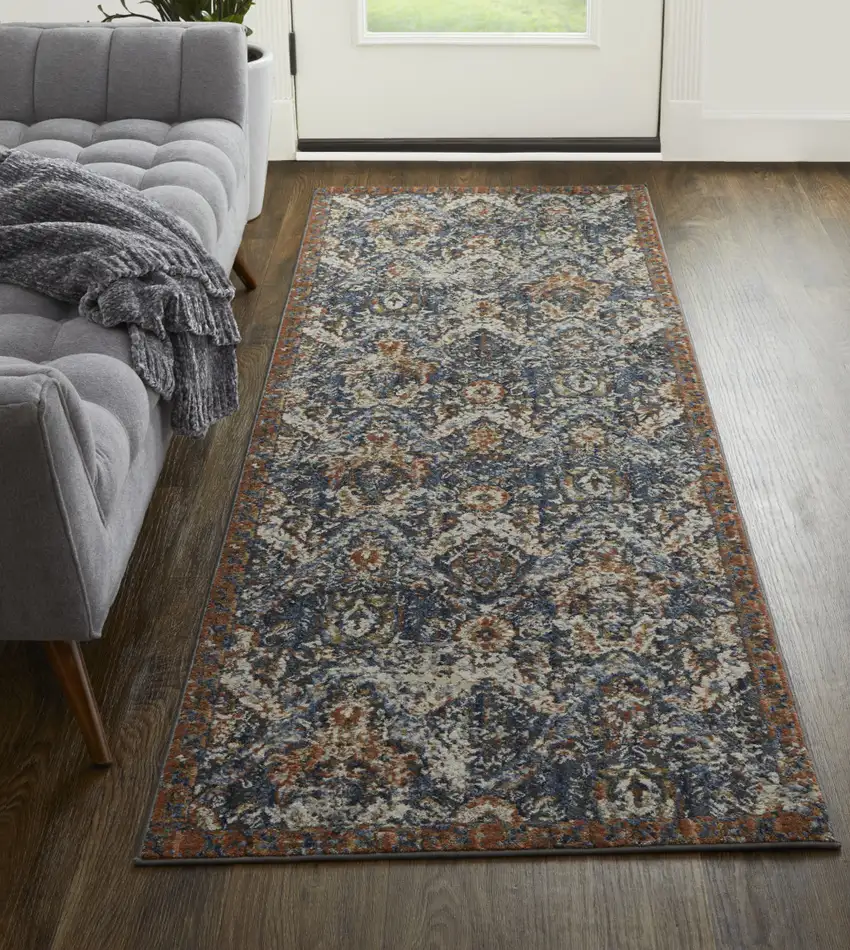 10' Ivory Blue and Brown Floral Power Loom Runner Rug With Fringe Photo 5