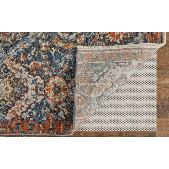 10' Ivory Blue And Burnt Orange Floral Runner Rug With Fringe Photo 4