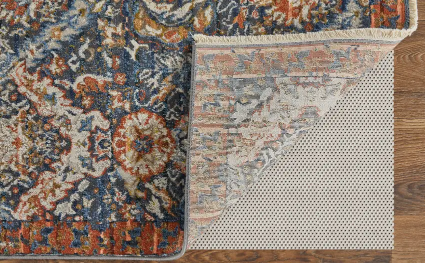 10' Ivory Blue And Burnt Orange Floral Runner Rug With Fringe Photo 4