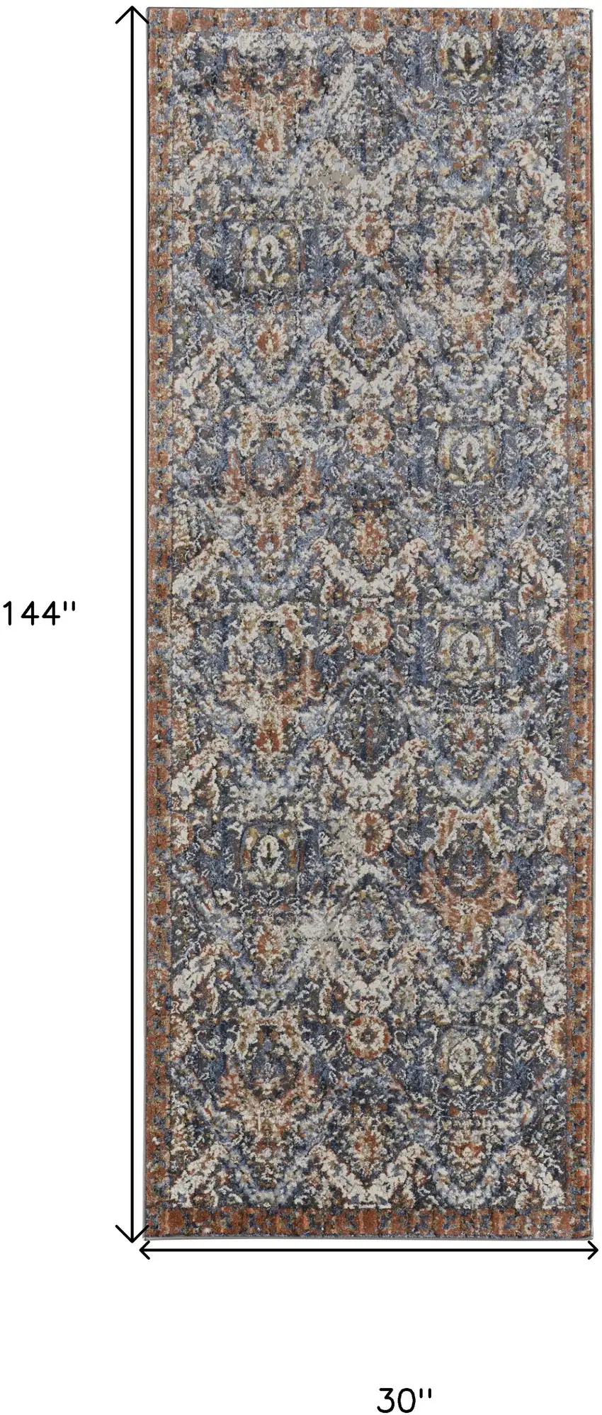 12' Ivory Blue and Brown Floral Power Loom Runner Rug With Fringe Photo 3
