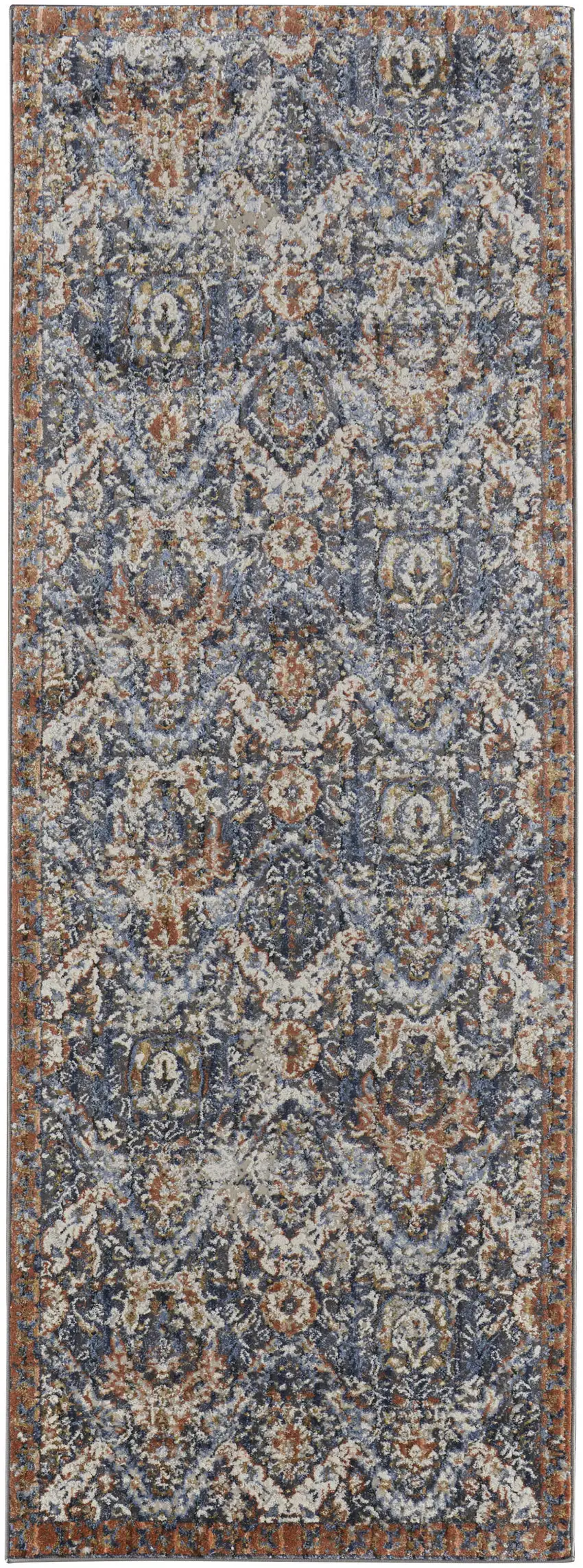12' Ivory Blue and Brown Floral Power Loom Runner Rug With Fringe Photo 2
