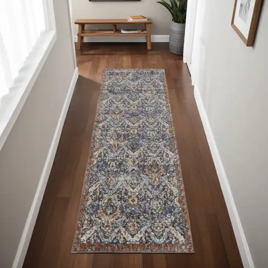 8' Ivory Blue and Brown Floral Power Loom Runner Rug With Fringe Photo 1