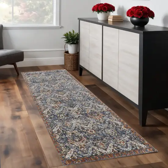 8' Ivory Blue And Burnt Orange Floral Runner Rug With Fringe Photo 1