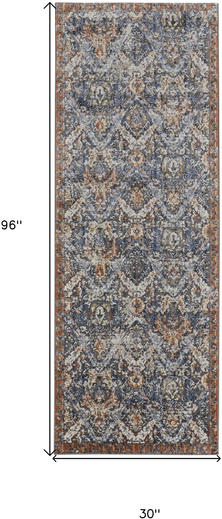 8' Ivory Blue and Brown Floral Power Loom Runner Rug With Fringe Photo 3