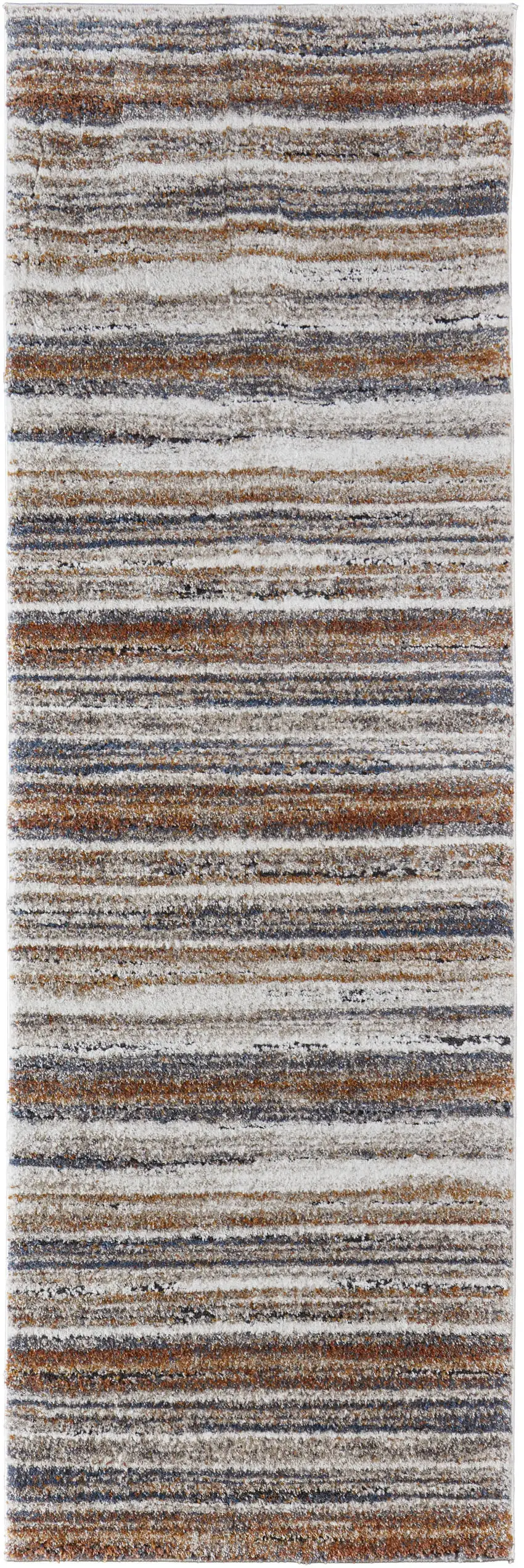 8' Ivory Blue and Brown Striped Power Loom Runner Rug Photo 2