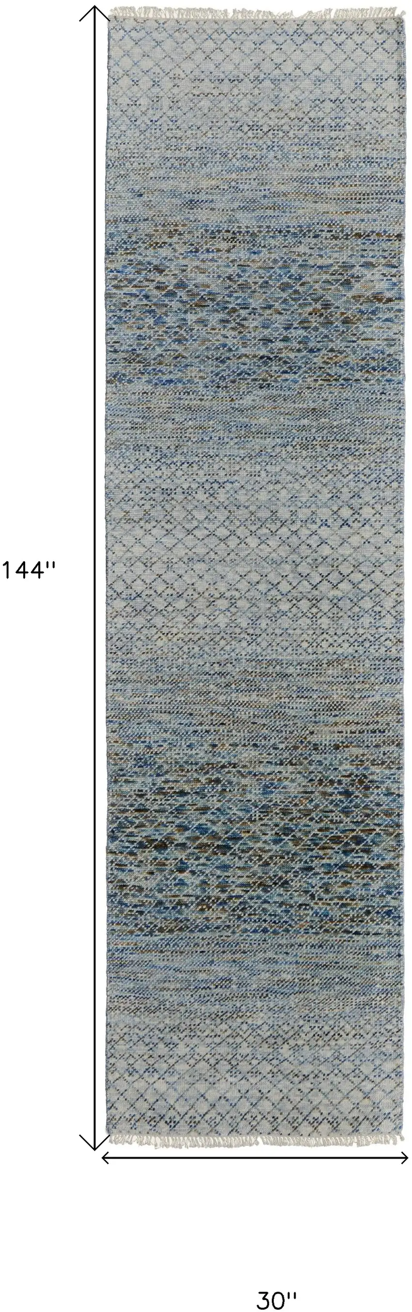 12' Ivory Blue and Brown Wool Hand Knotted Runner Rug With Fringe Photo 3