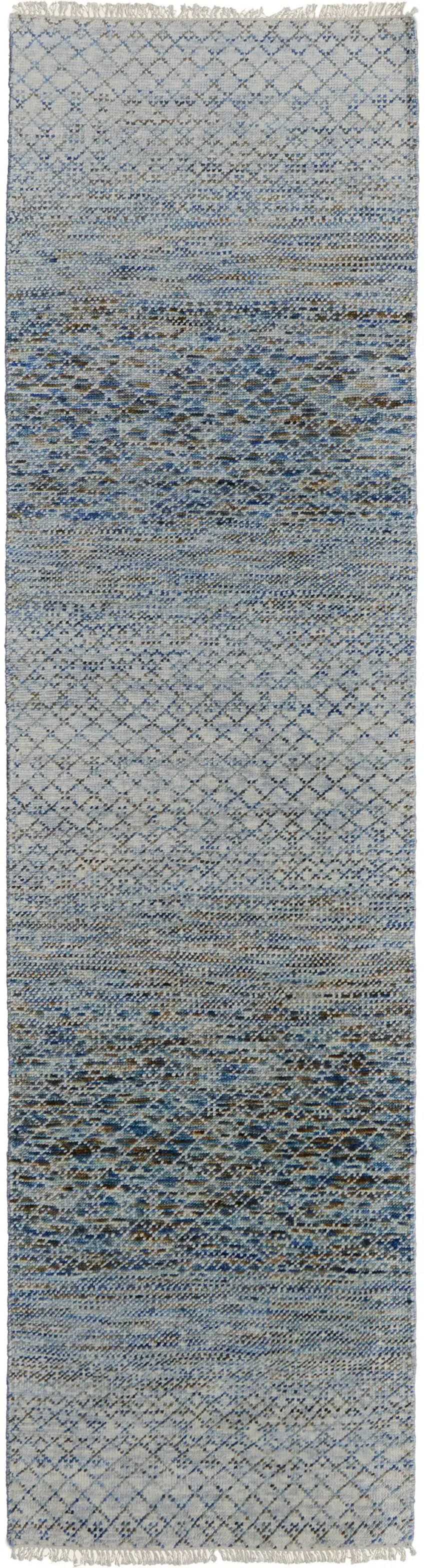 12' Ivory Blue and Brown Wool Hand Knotted Runner Rug With Fringe Photo 2