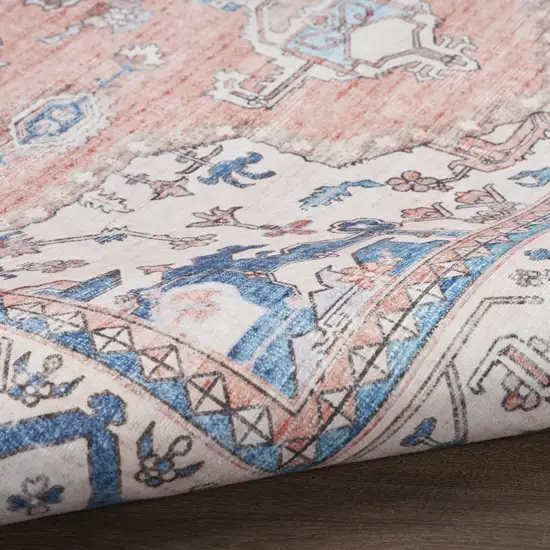 8' Ivory Blue and Coral Oriental Distressed Non Skid Runner Rug Photo 4