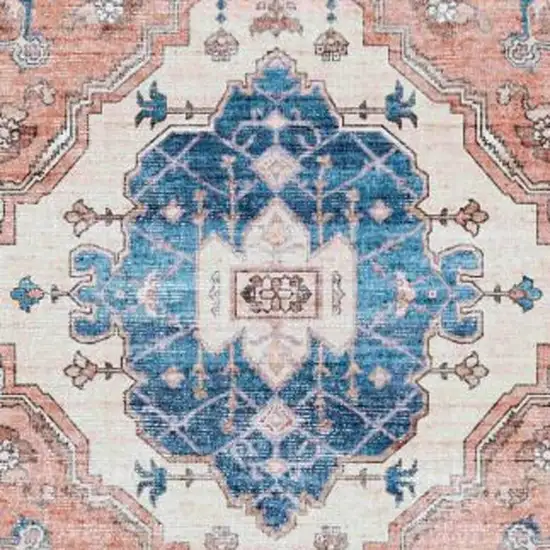 8' Ivory Blue and Coral Oriental Distressed Non Skid Runner Rug Photo 6
