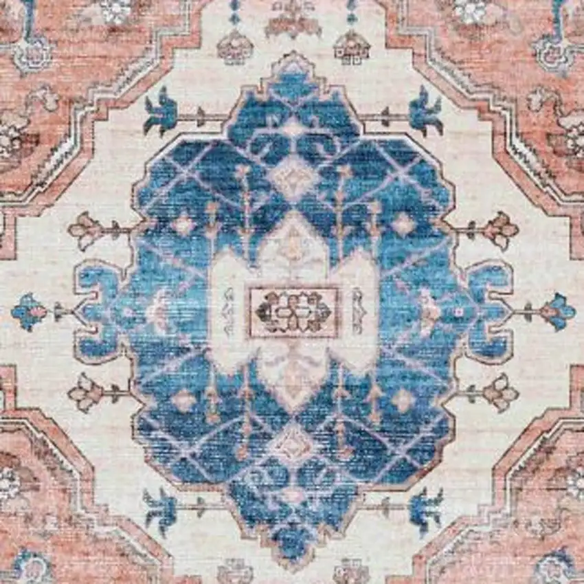 8' Ivory Blue and Coral Oriental Distressed Non Skid Runner Rug Photo 6
