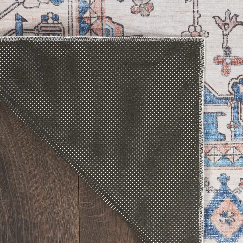 8' Ivory Blue and Coral Oriental Distressed Non Skid Runner Rug Photo 9