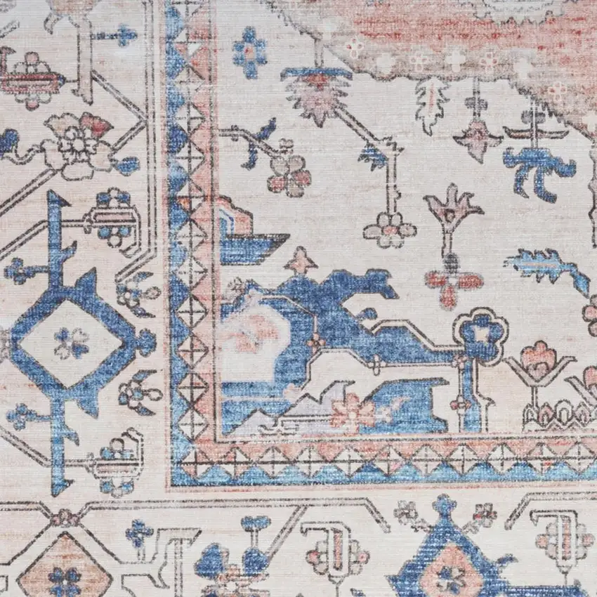 8' Ivory Blue and Coral Oriental Distressed Non Skid Runner Rug Photo 3