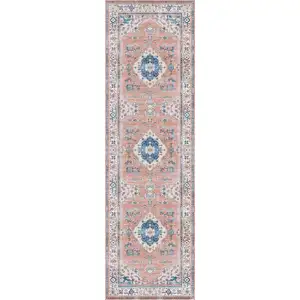 Photo of 8' Ivory Blue and Coral Oriental Distressed Non Skid Runner Rug