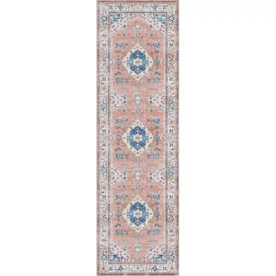 8' Ivory Blue and Coral Oriental Distressed Non Skid Runner Rug Photo 1