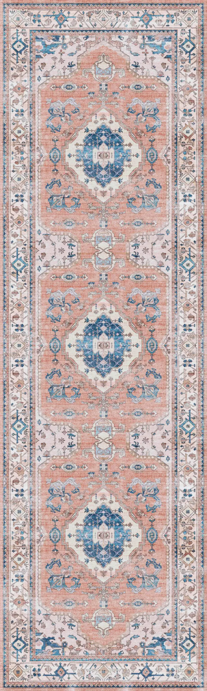 8' Ivory Blue and Coral Oriental Distressed Non Skid Runner Rug Photo 1