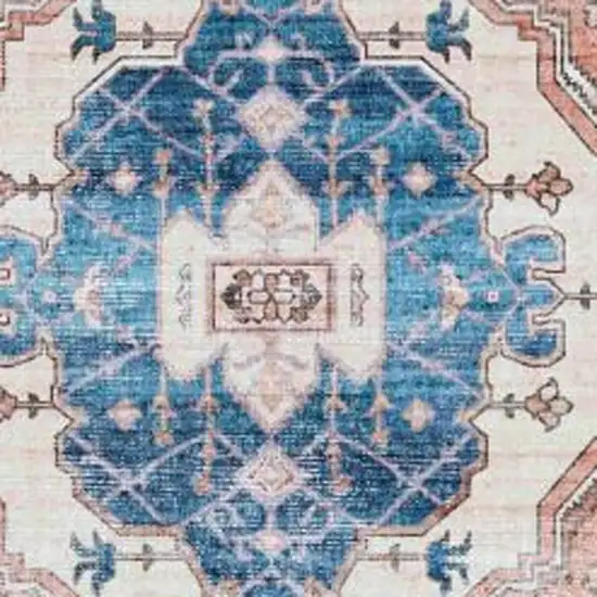 8' Ivory Blue and Coral Oriental Distressed Non Skid Runner Rug Photo 5