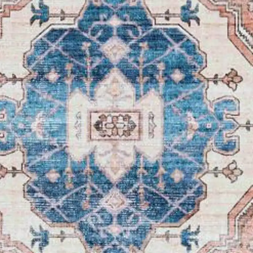 8' Ivory Blue and Coral Oriental Distressed Non Skid Runner Rug Photo 5