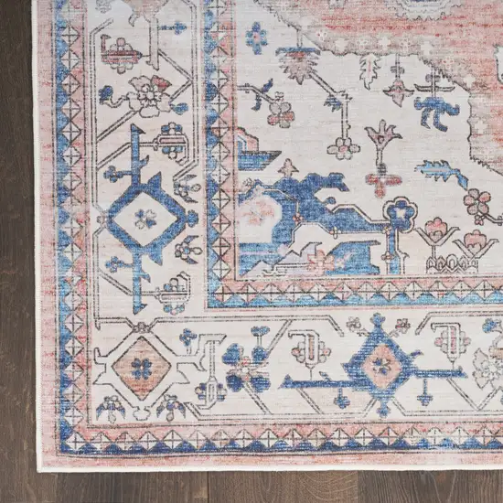 8' Ivory Blue and Coral Oriental Distressed Non Skid Runner Rug Photo 9