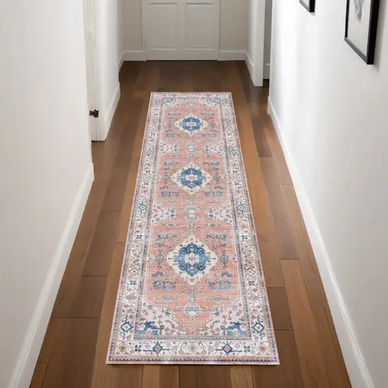8' Ivory Blue and Coral Oriental Distressed Non Skid Runner Rug Photo 8