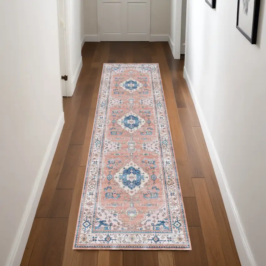 8' Ivory Blue and Coral Oriental Distressed Non Skid Runner Rug Photo 8