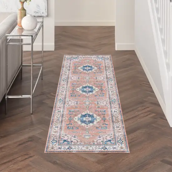 8' Ivory Blue and Coral Oriental Distressed Non Skid Runner Rug Photo 7