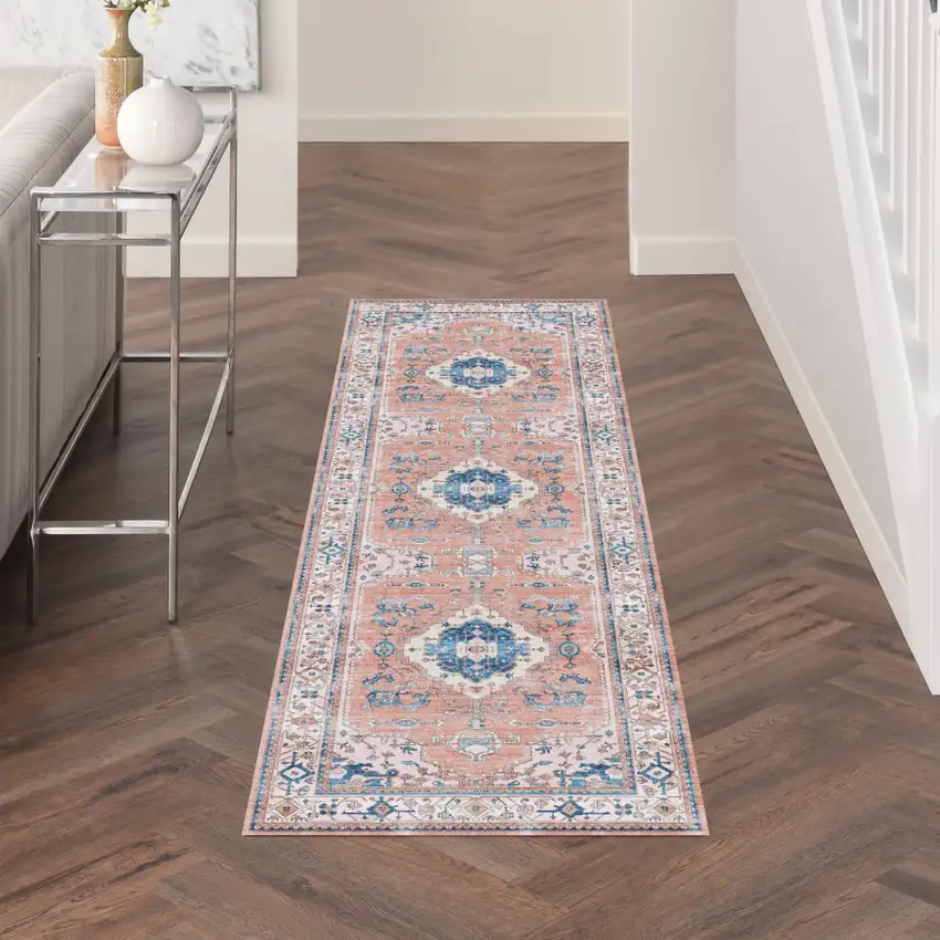 8' Ivory Blue and Coral Oriental Distressed Non Skid Runner Rug Photo 7