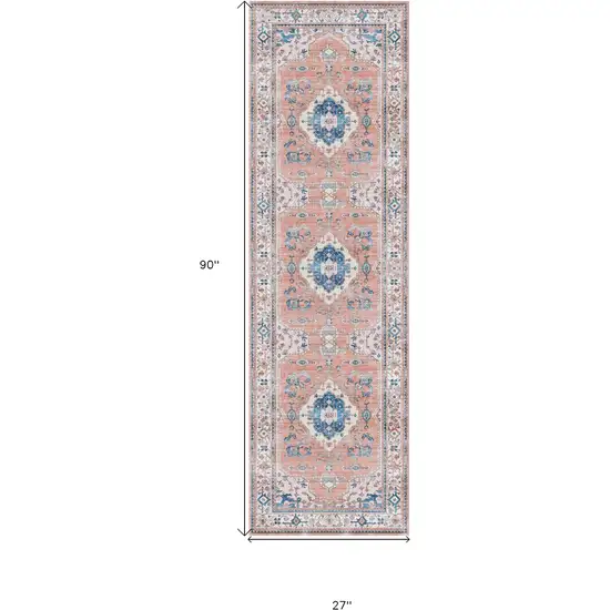 8' Ivory Blue and Coral Oriental Distressed Non Skid Runner Rug Photo 9