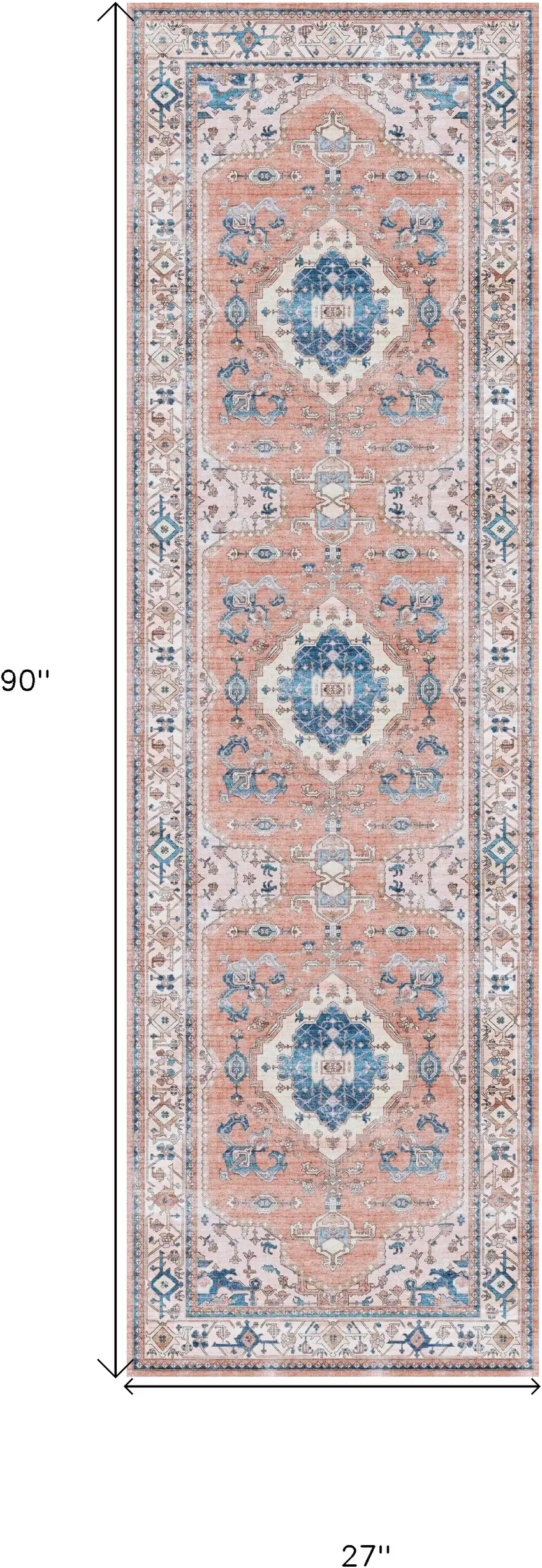 8' Ivory Blue and Coral Oriental Distressed Non Skid Runner Rug Photo 9