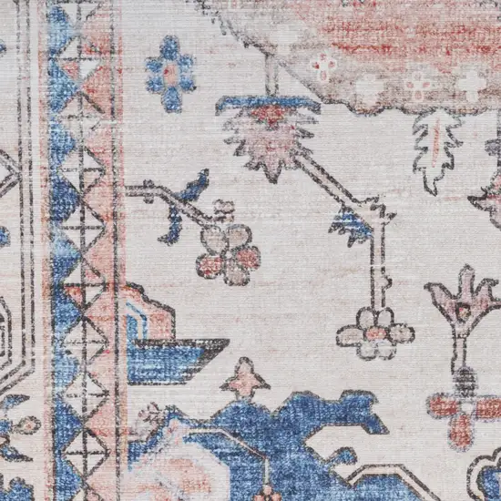 8' Ivory Blue and Coral Oriental Distressed Non Skid Runner Rug Photo 3
