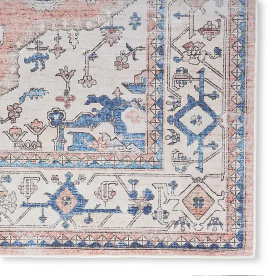 8' Ivory Blue and Coral Oriental Distressed Non Skid Runner Rug Photo 5