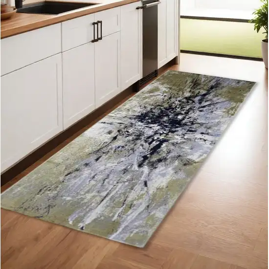8' Ivory Blue and Gold Abstract Power Loom Runner Rug Photo 1
