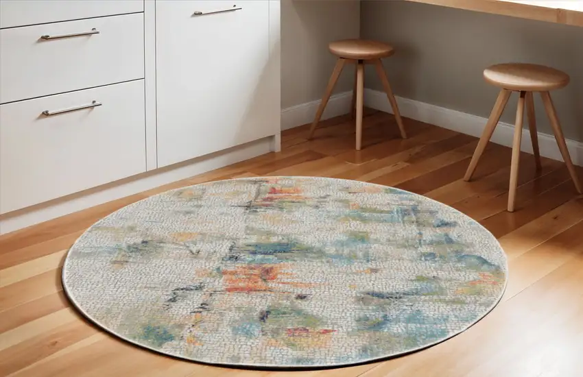 6' Ivory Blue and Gray Abstract Distressed Non Skid Round Rug Photo 1
