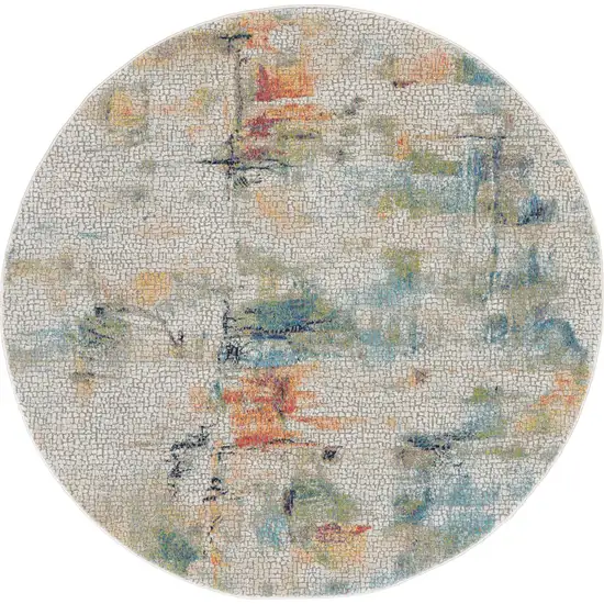 6' Ivory Blue and Gray Abstract Distressed Non Skid Round Rug Photo 2