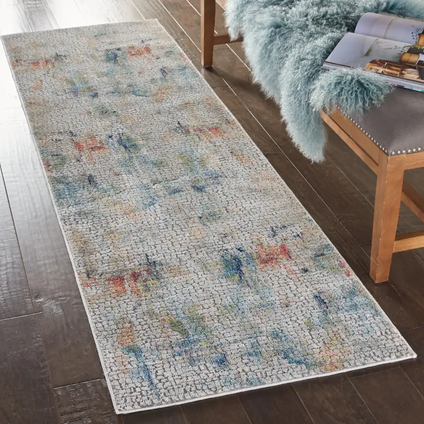 6' Ivory Blue and Gray Abstract Distressed Non Skid Runner Rug Photo 9